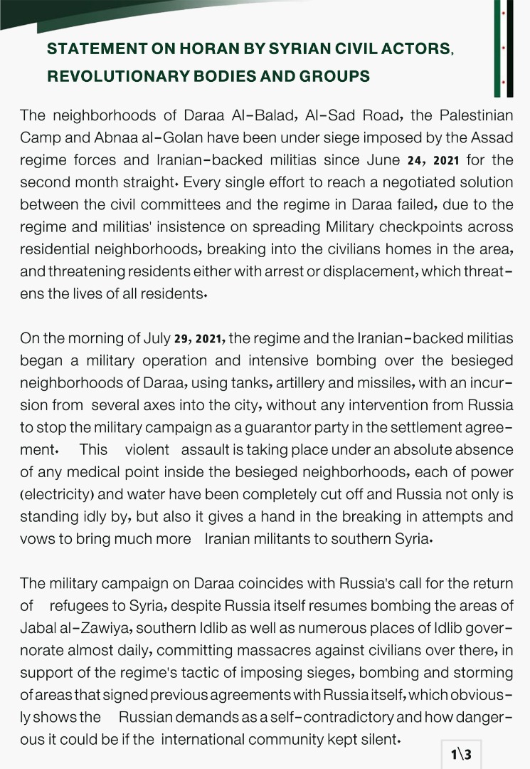 Statement on Horan by Syrian Civil Actors, Revolutionary Bodies and Groups